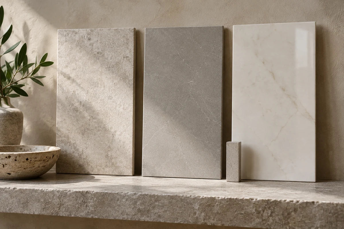 Matte, satin and polished tile samples shown in natural side light
