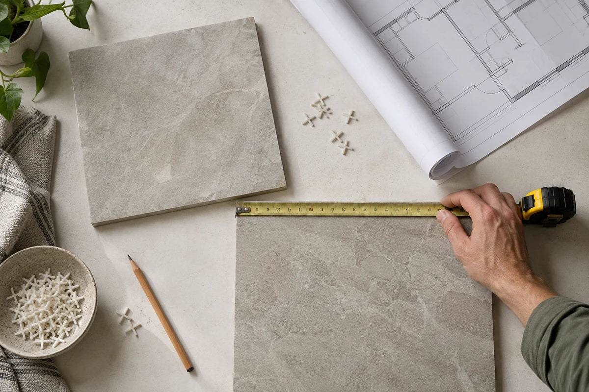 Measuring porcelain tile samples while planning a tiling project
