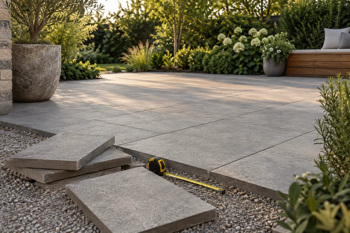 Outdoor porcelain pavers and sample pieces beside a landscaped terrace