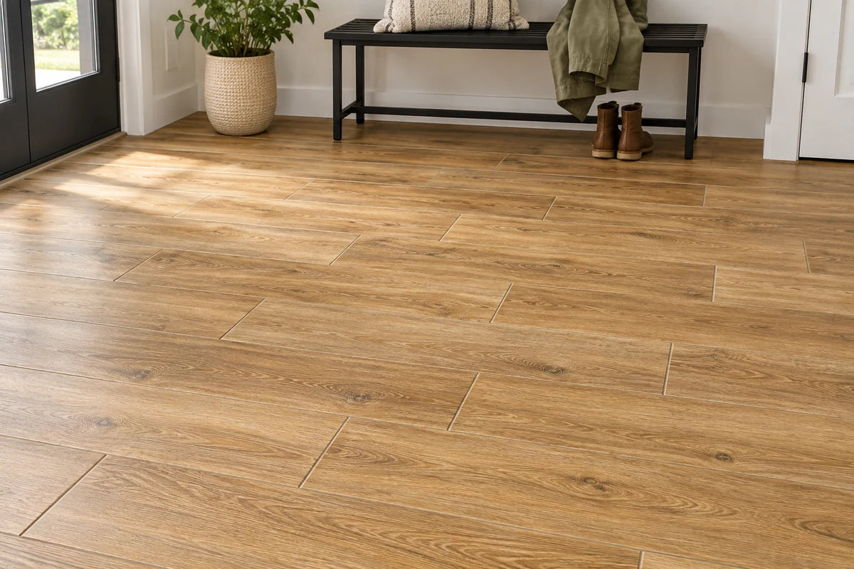 Honey-colored wood-look porcelain planks with visible grout in a mudroom