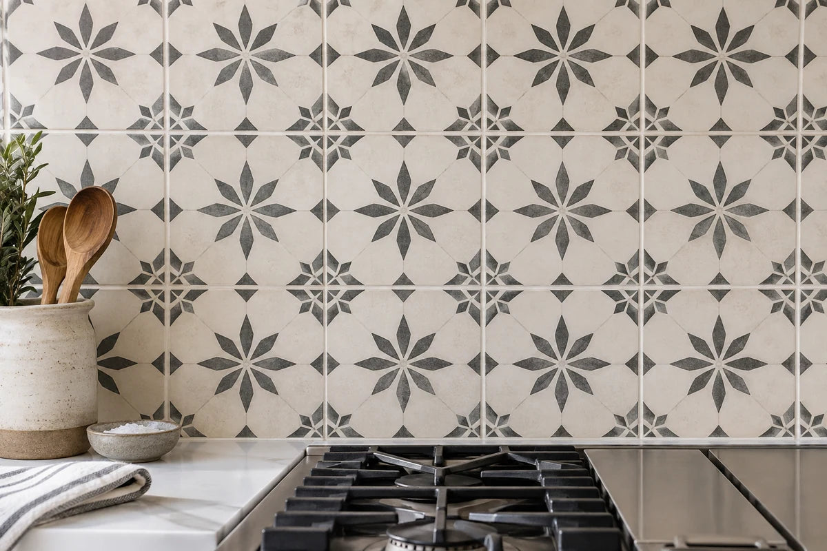 Geometric tile backsplash above a stainless steel range