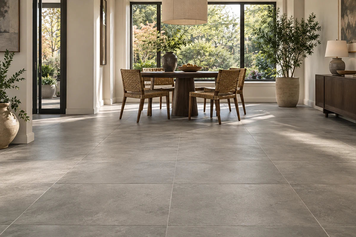 Large-format concrete-look tile floor in a bright dining room