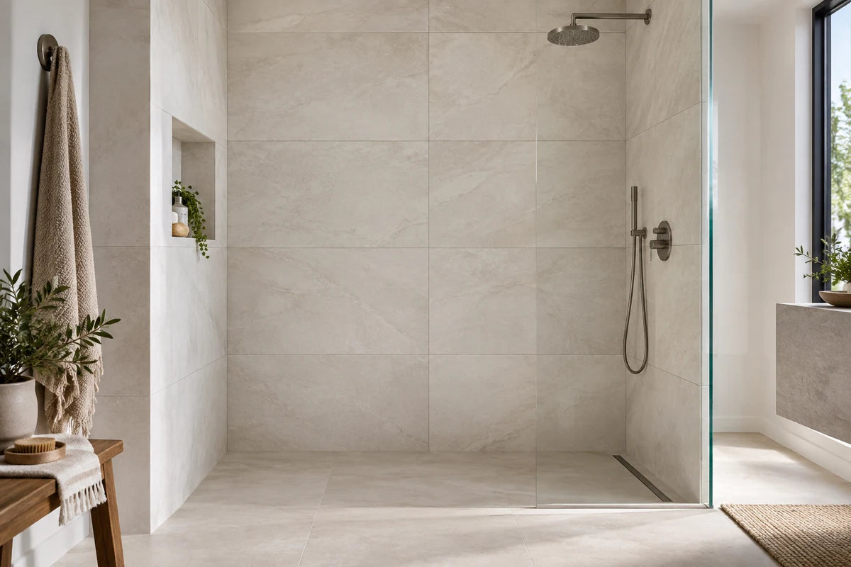 Large-format limestone-look porcelain tiles lining a modern walk-in shower