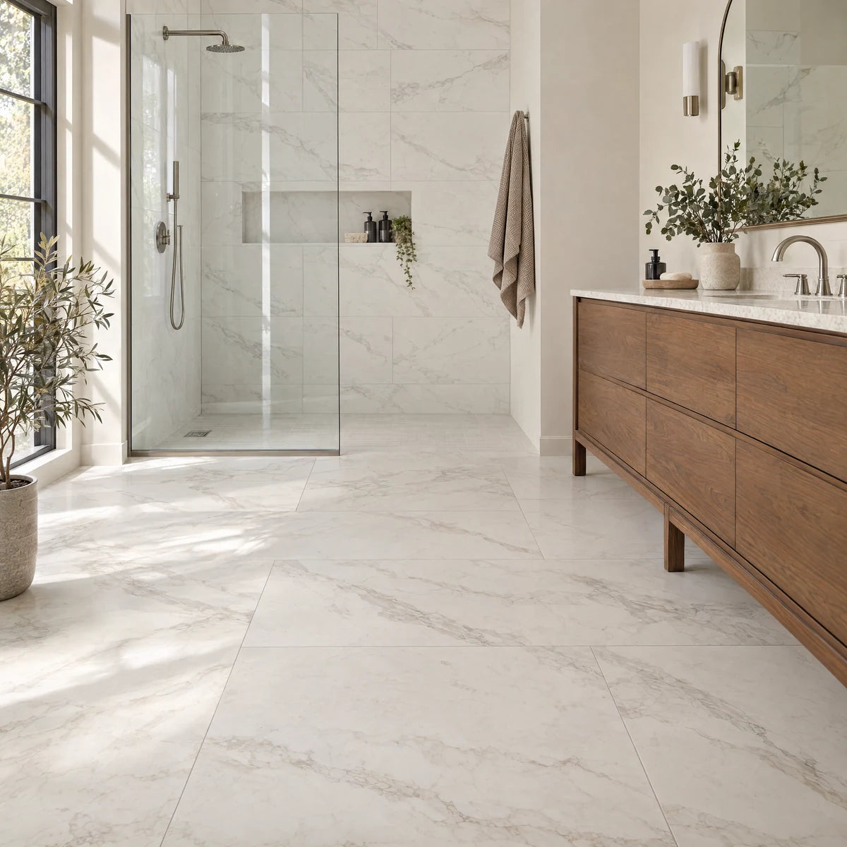Large-format marble-look porcelain tiles with fine grout joints in a sunlit bathroom with a freestanding walnut vanity