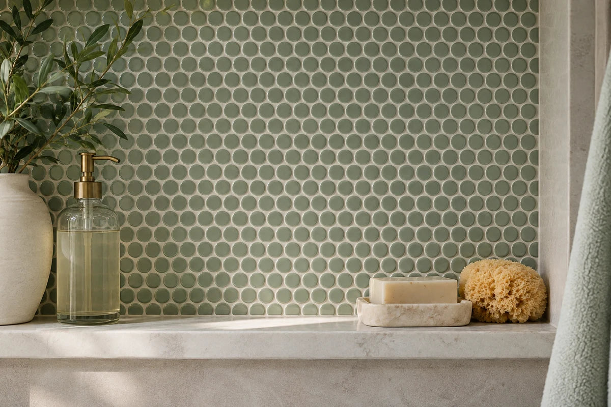 Sage-green penny mosaic tiles with ivory grout in a bathroom alcove