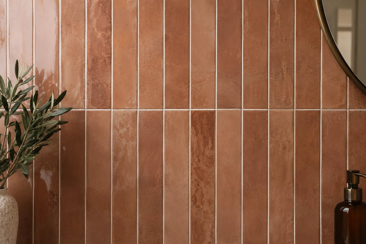 Terracotta subway tiles arranged vertically with fine cream grout