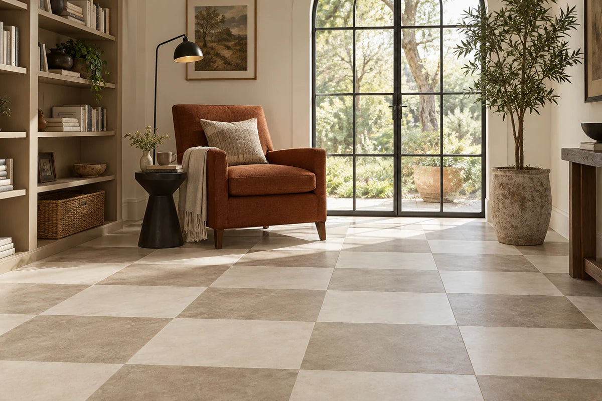 Ivory and taupe checkerboard tile floor in a sunlit reading room
