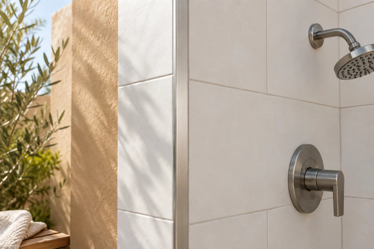 Brushed aluminum trim finishing a porcelain-tiled shower corner