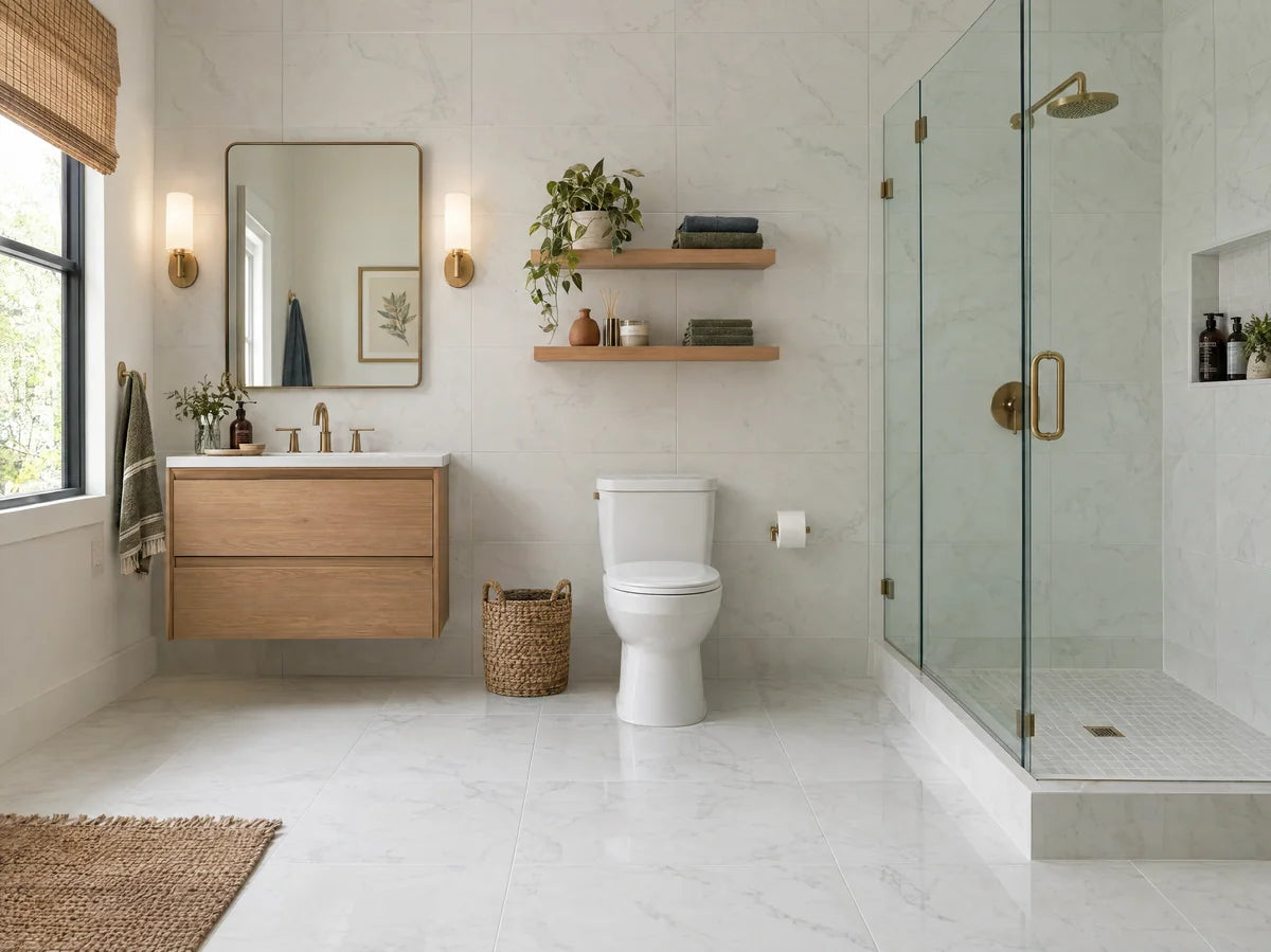 Bright bathroom with white porcelain floor tiles and matching wall tile, pale gray delicate marble-look veining, precise subtle grout, oak floating shelf, full floor visible.