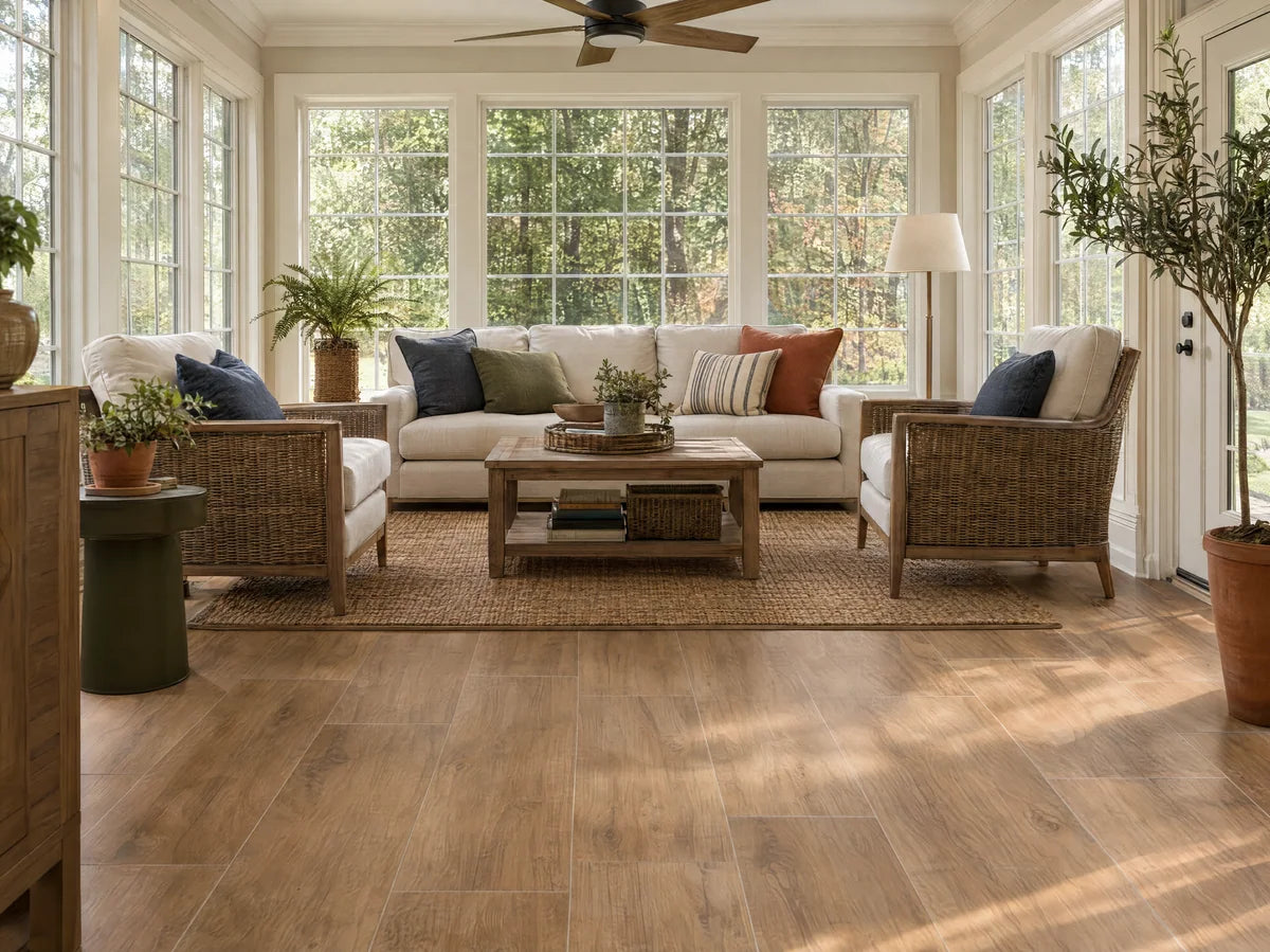 Warm oak-look PORCELAIN plank tile floor in a bright sunroom, visible fine grout lines between long rectangular ceramic planks and subtly repeating printed grain.