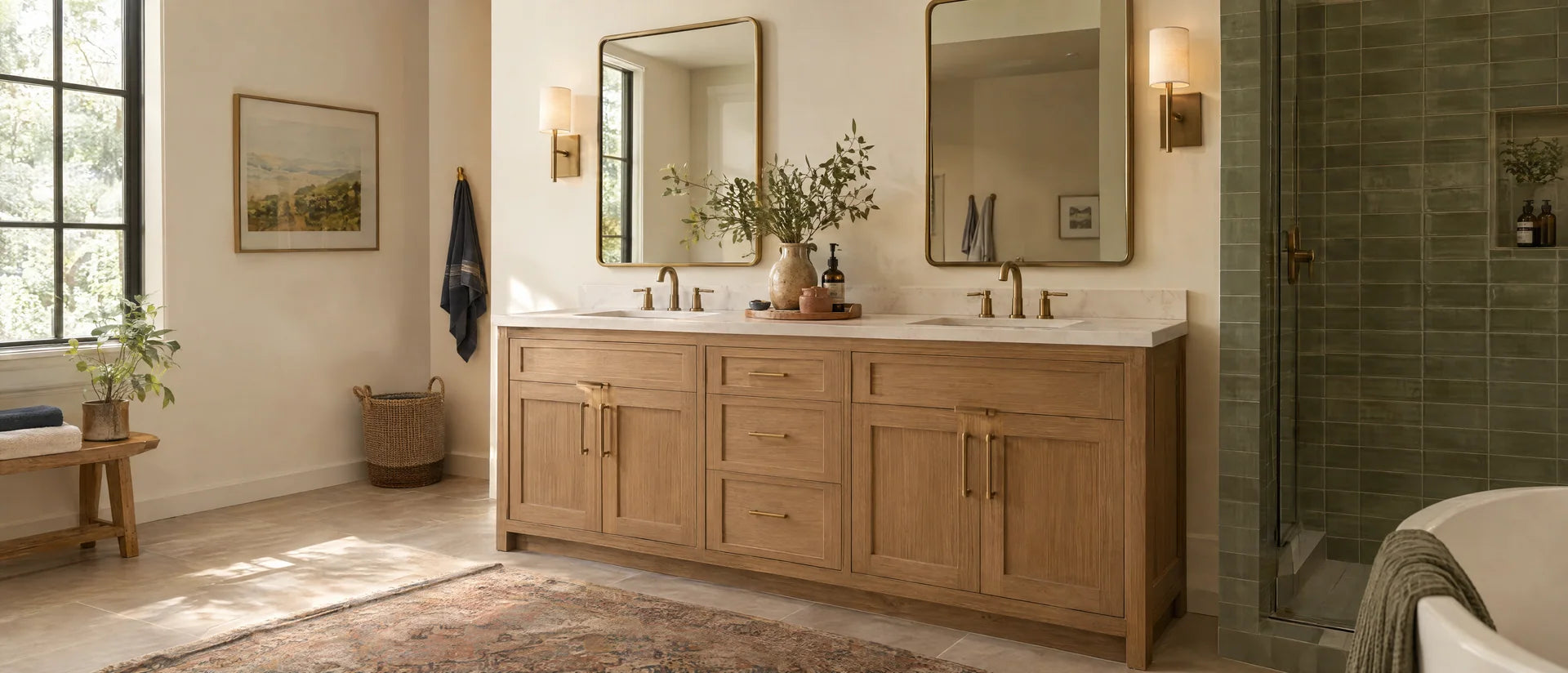 Front three-quarter architectural photograph of an oak double-sink bathroom vanity, two undermount white sinks, creamy stone top, brass cabinet handles, two mirrors and wall sconces, warm white walls with one olive tile wall