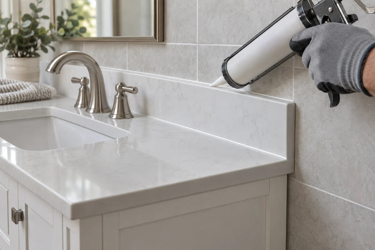 An installer applying a neat sealant bead along a bathroom vanity backsplash.