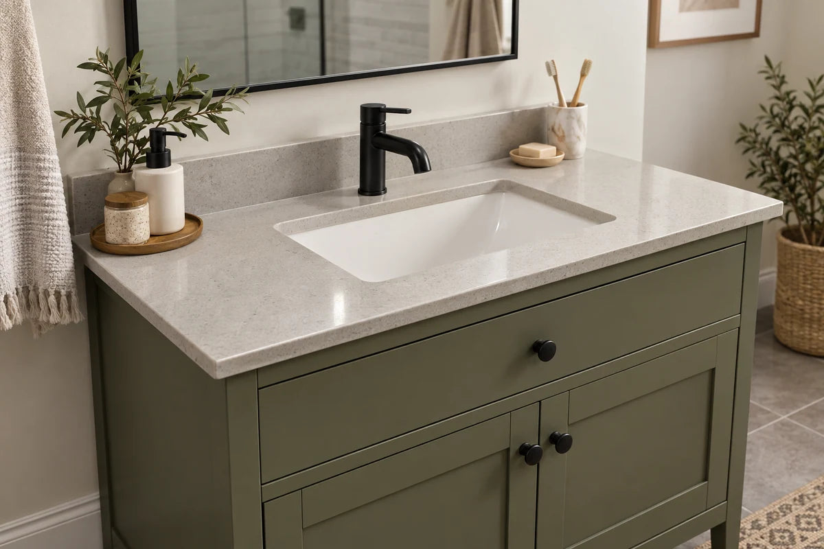 Pale engineered-stone vanity top with a matte black faucet.