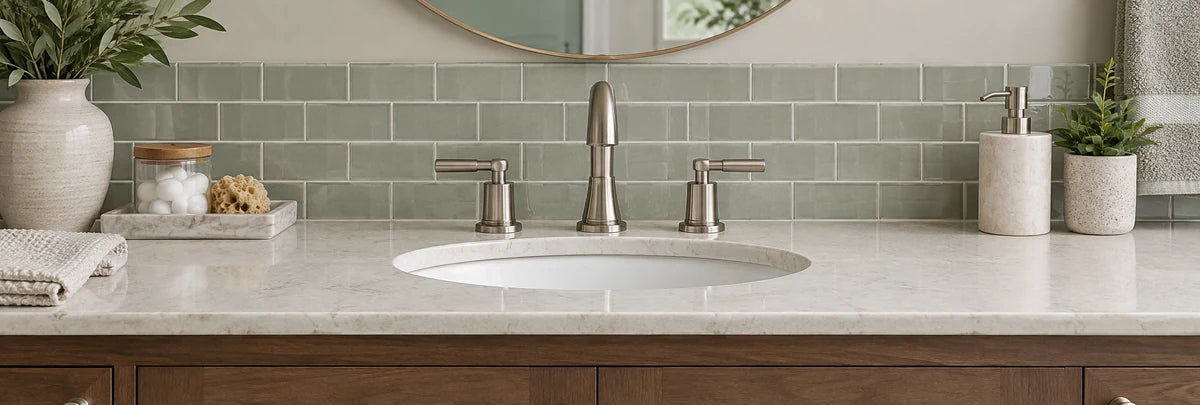 Brushed-nickel bathroom faucet and matching handles above a white basin.