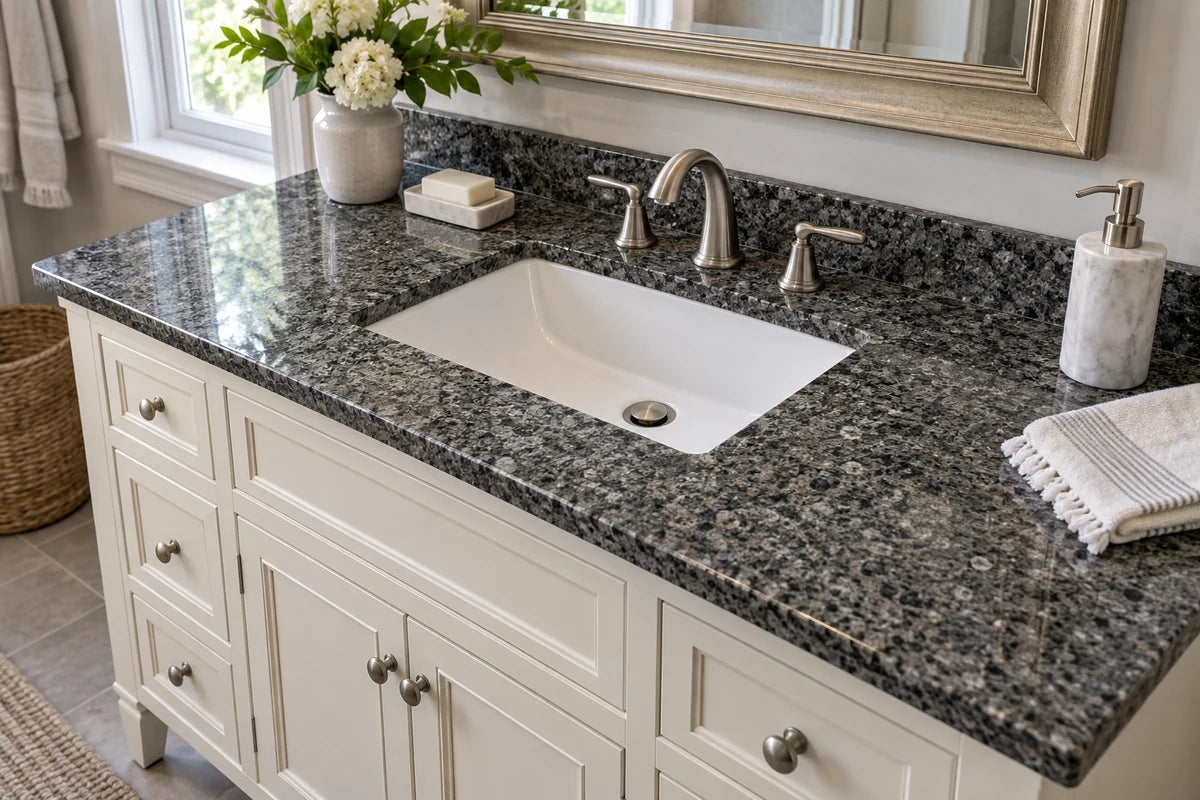 Speckled charcoal granite vanity top with a white rectangular basin.