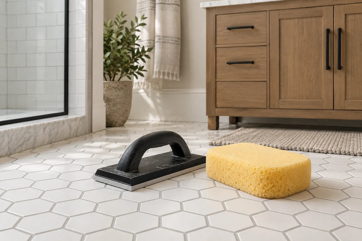 Grout float and sponge beside bathroom hexagon tiles with neat gray grout.