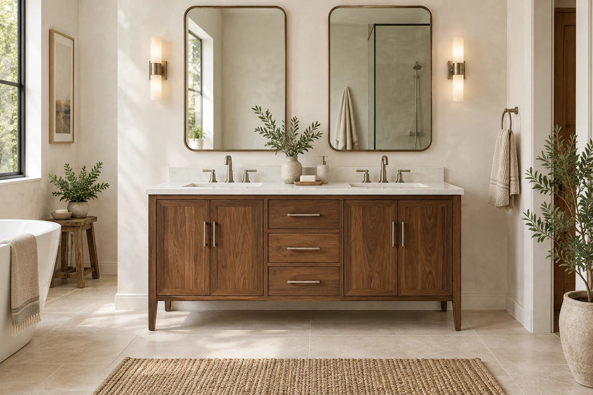 Freestanding walnut double vanity with white countertops in a bright tiled bathroom.