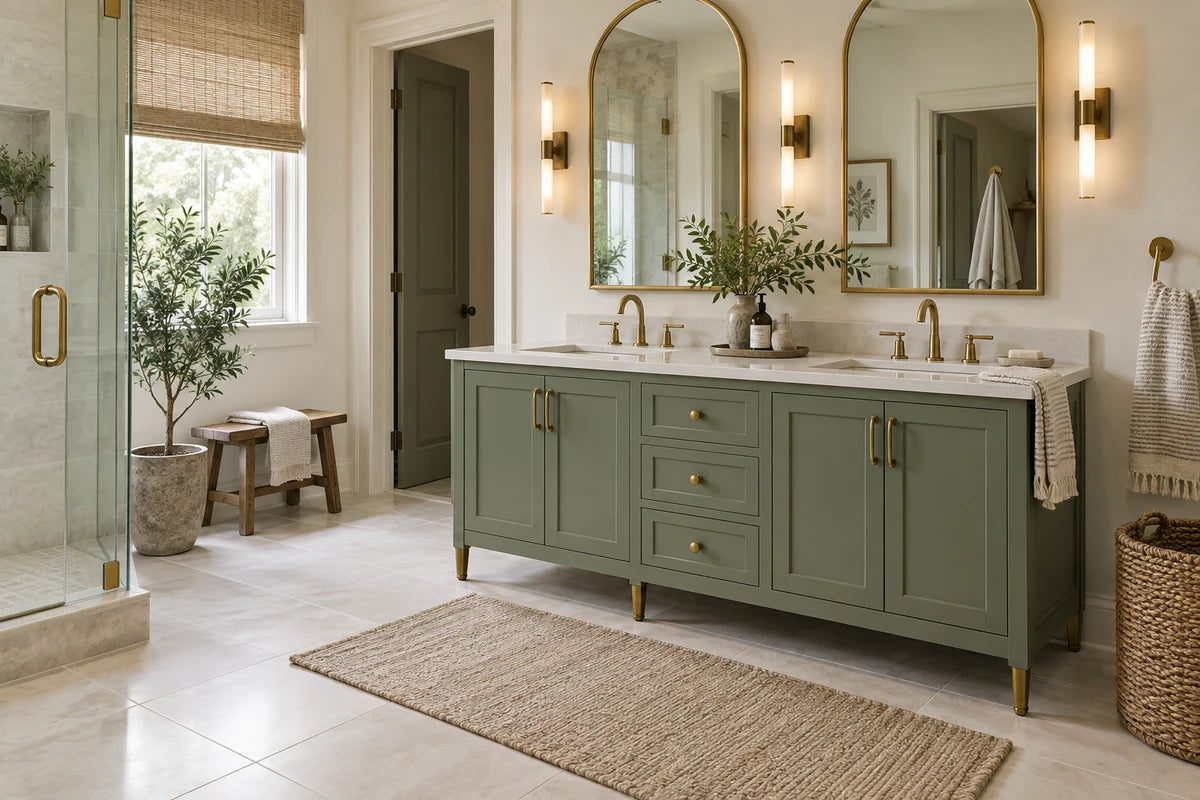 Sage-green freestanding double vanity coordinated with brass mirrors and ivory tile.