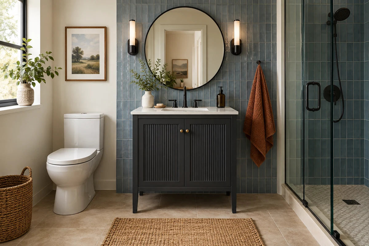 Charcoal freestanding vanity paired with blue wall tile and a round mirror.