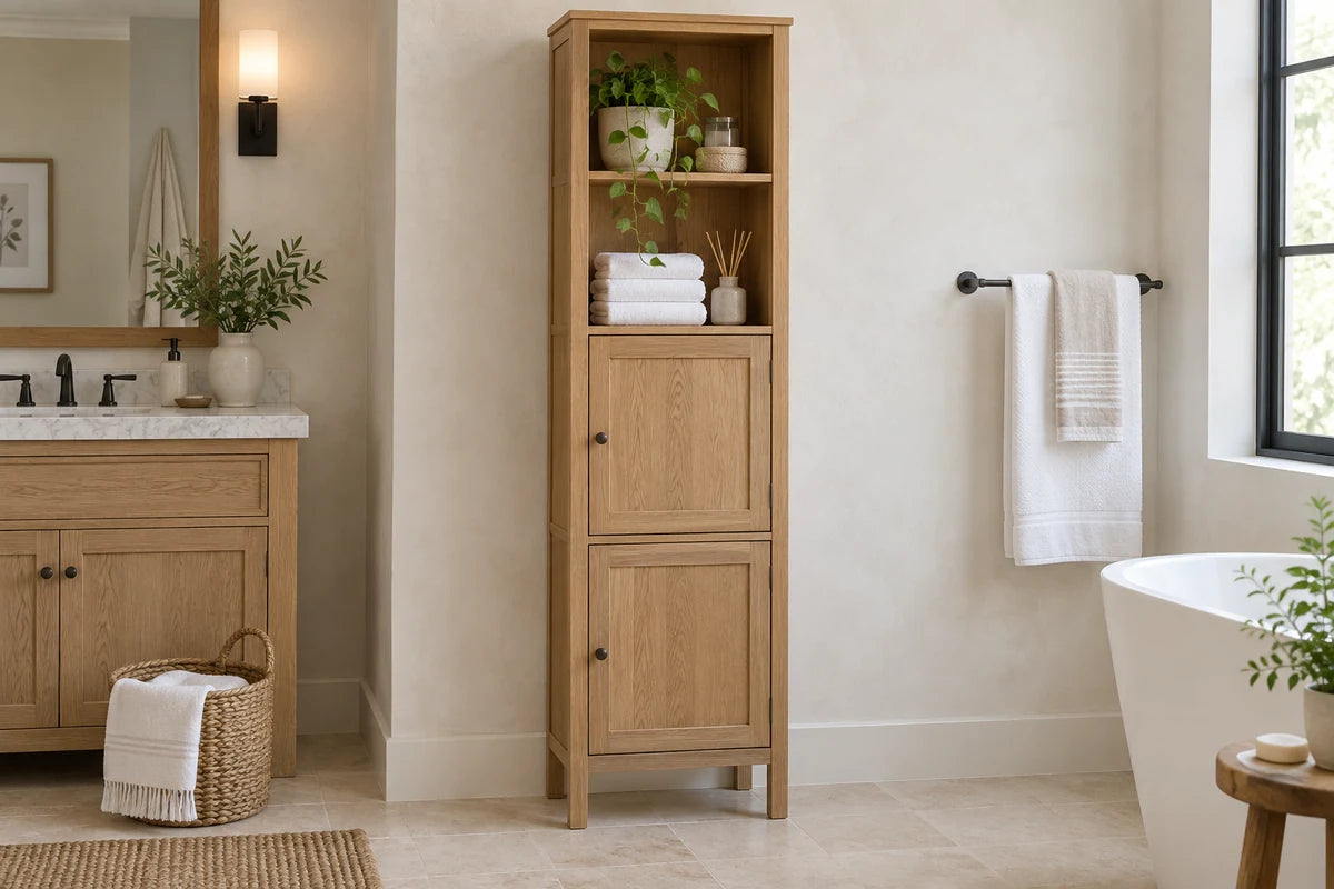 Freestanding oak bathroom linen cabinet with neatly folded towels.