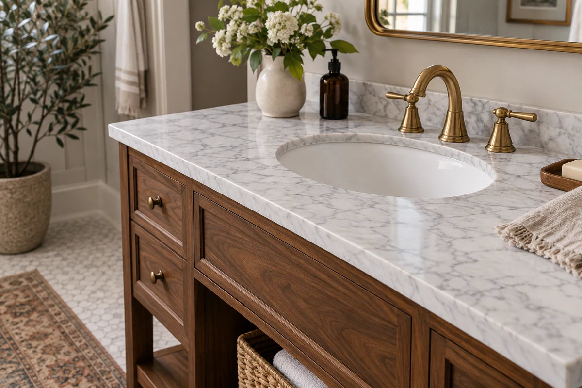 White marble vanity countertop with soft gray veining and an undermount basin.