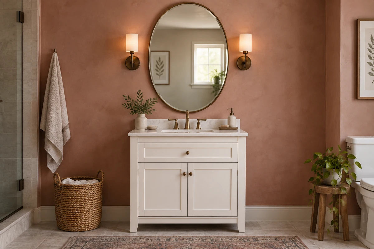 Oval bronze-framed bathroom mirror with sconces above a cream vanity.
