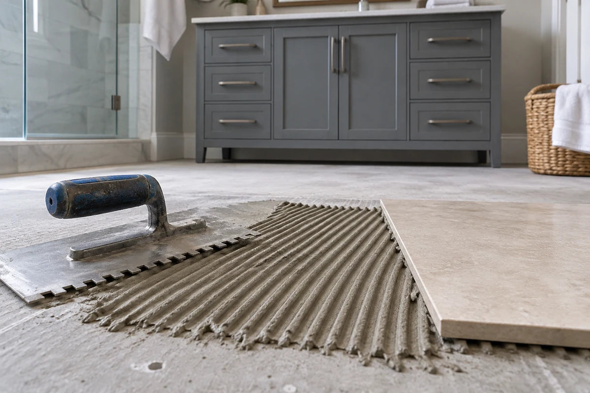 Notched trowel beside straight thinset ridges and a porcelain tile.
