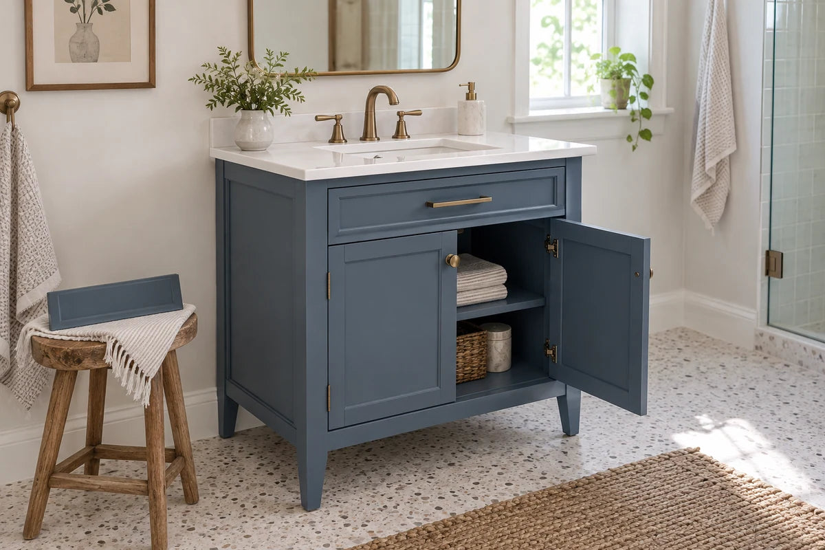 Slate-blue freestanding vanity showing its countertop, basin and cabinet storage.