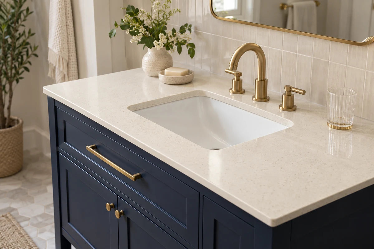 Ivory quartz vanity countertop above a navy cabinet with a brass faucet.