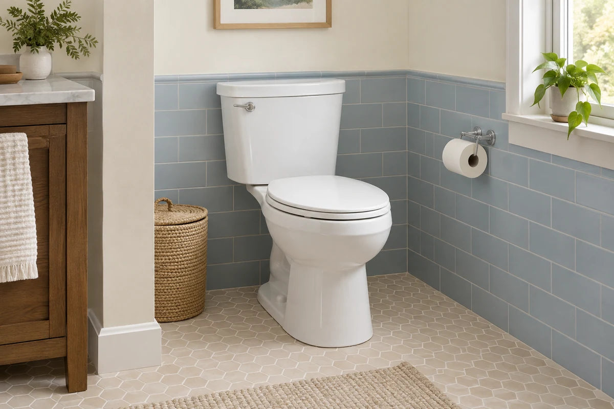 White toilet in a bathroom alcove with pale blue tile and a hexagonal floor.