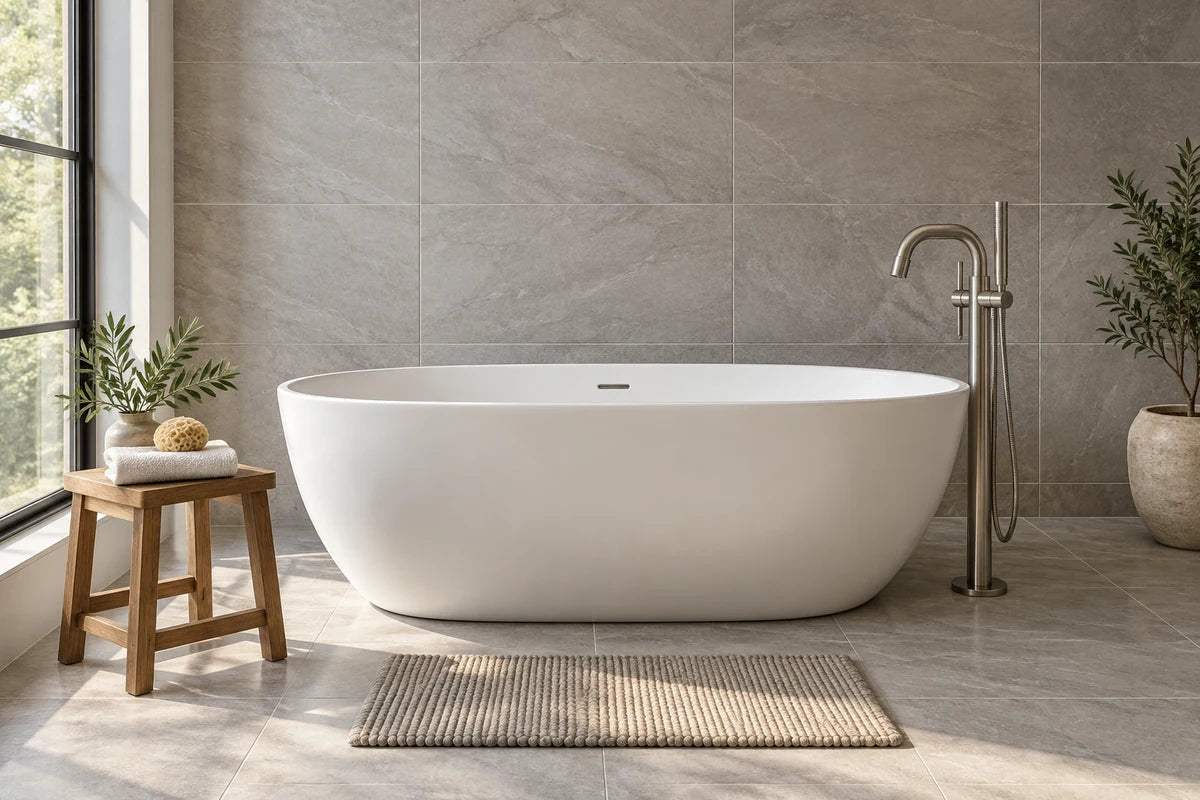 White freestanding bathtub against large-format warm gray bathroom tile.