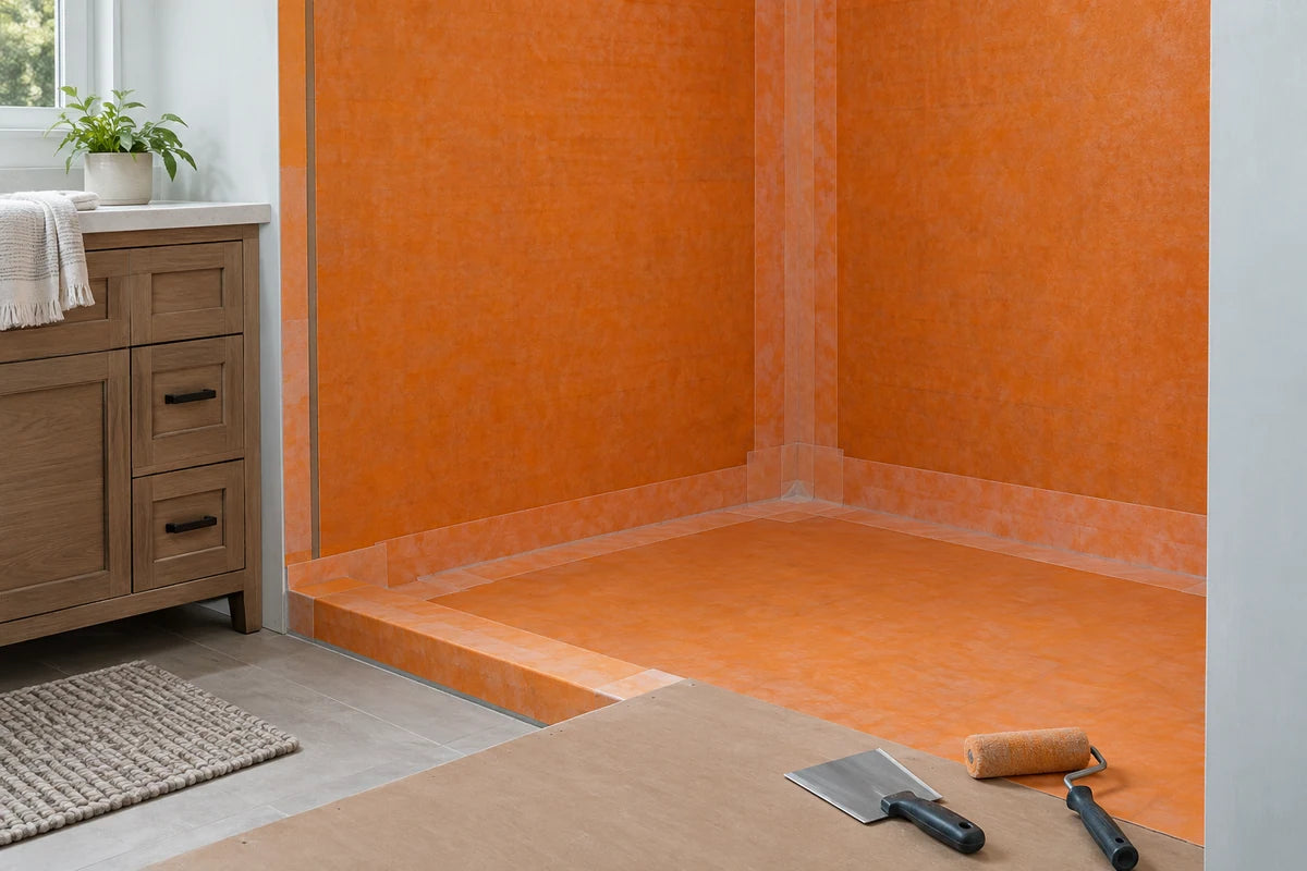 Sheet waterproofing membrane with neatly finished seams in a shower corner.