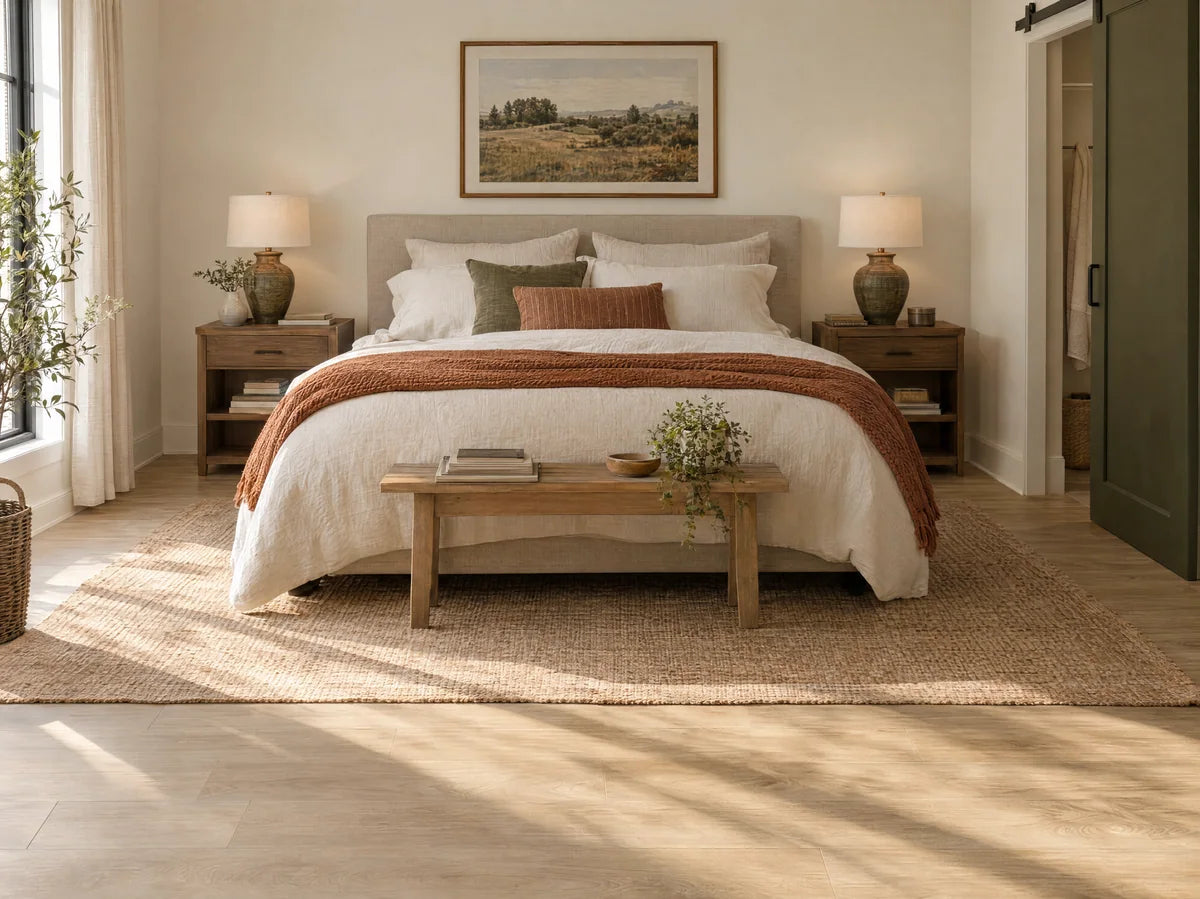 Warm minimalist bedroom with light oak-look luxury vinyl plank floor, cream bedding and a muted rust throw, morning sun across open floor, reassuring and attainable.