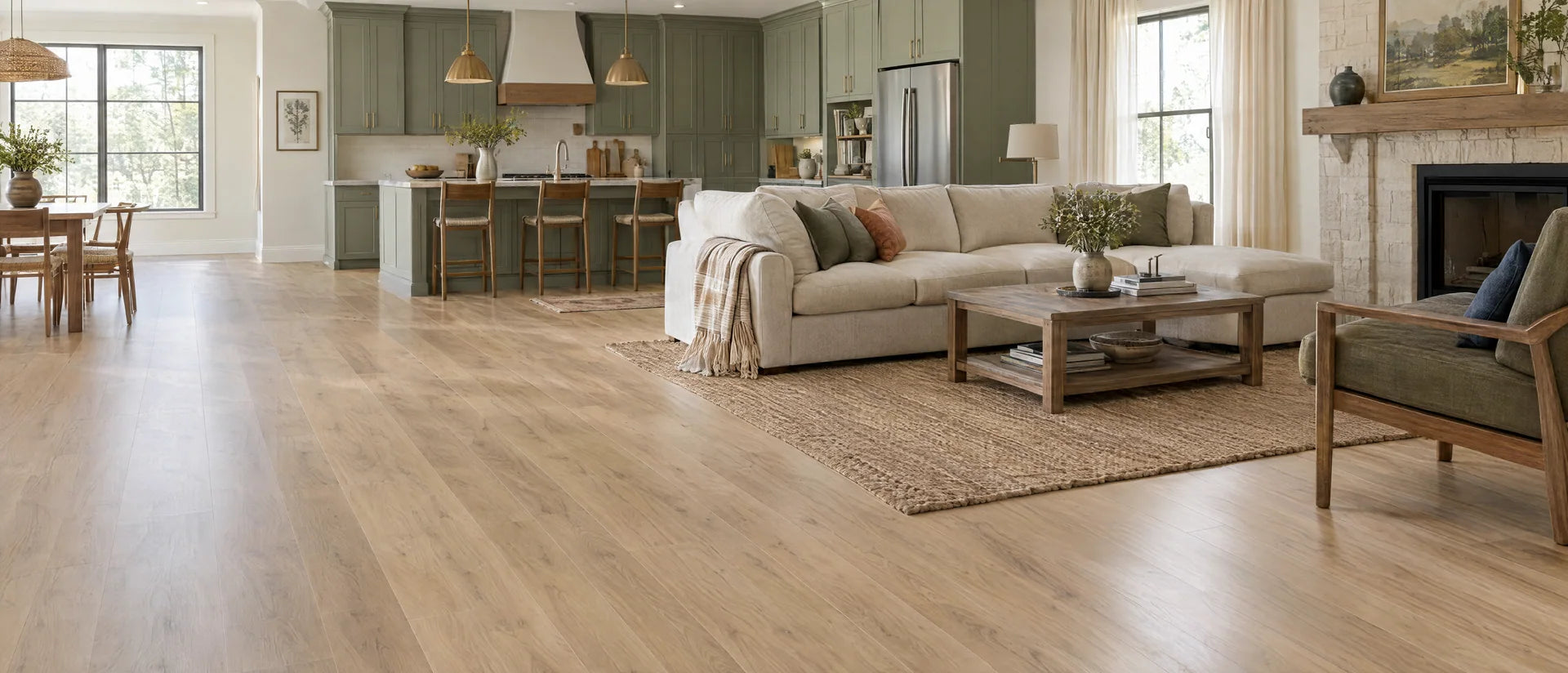 Beautiful practical family kitchen and living space with natural oak-look luxury vinyl plank flooring, sage cabinets, cream linen sofa, daylight, realistic narrow seams and restrained woodgrain