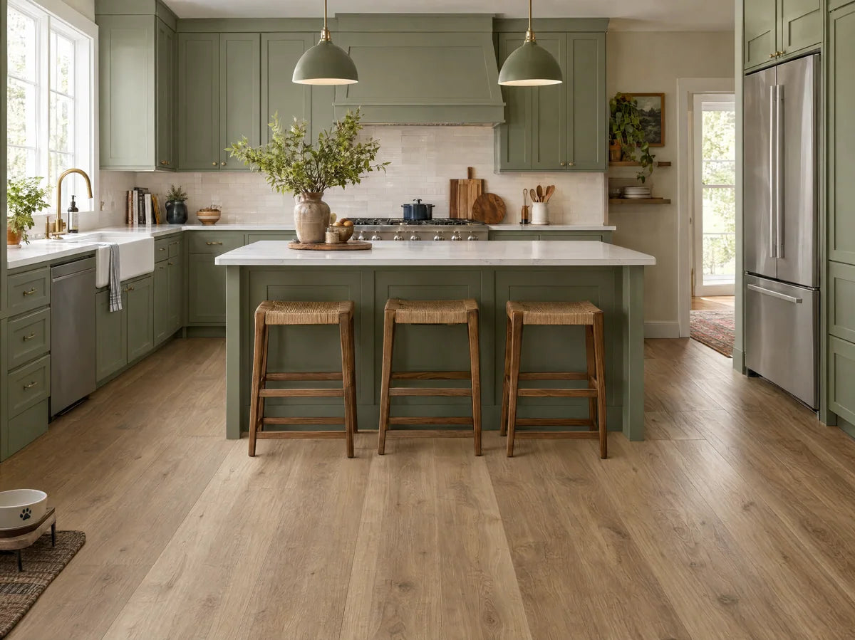 Family kitchen with muted sage cabinets and waterproof-style oak-look vinyl plank flooring, white stone counter, a small dog water bowl at edge but no standing water, clear beautiful floor texture.