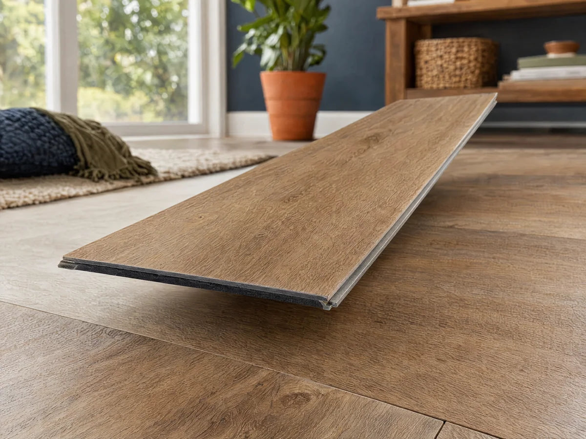 Macro product-construction inspiration photo of a rigid-core oak-look vinyl plank tilted to show its thin dark attached backing pad and click edge, neutral studio light, no labels and no exaggerated layer thickness.