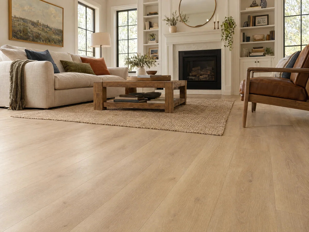 Warm blonde oak-look luxury vinyl plank flooring in an airy living room, consistent manufactured thickness and realistic fine seams, low-angle photograph showing detailed embossed grain.