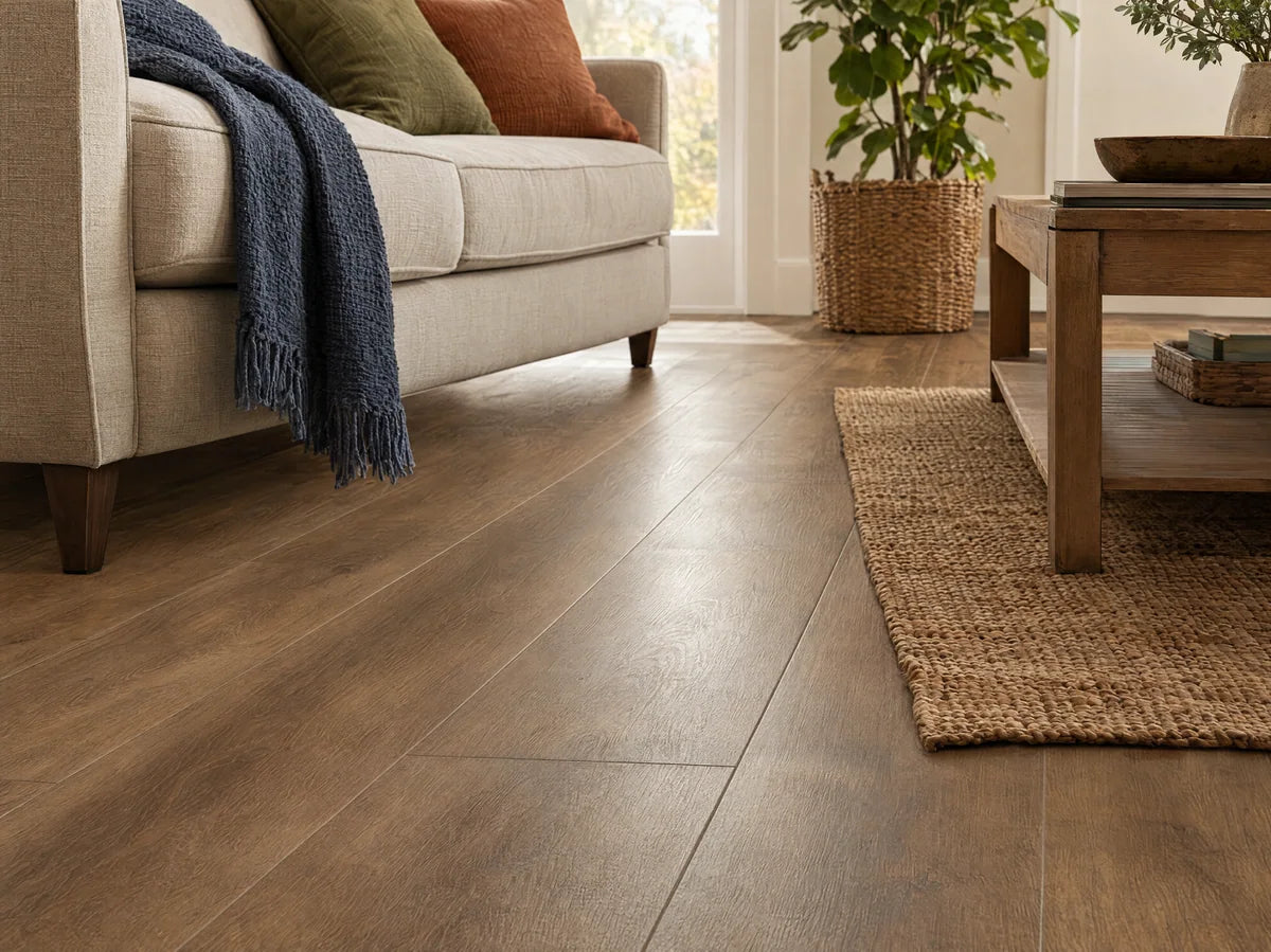 Raking-light close-up of oak-look vinyl plank surface, fine embossed grain and precise click seam, warm neutral brown, realistic manufactured flooring.