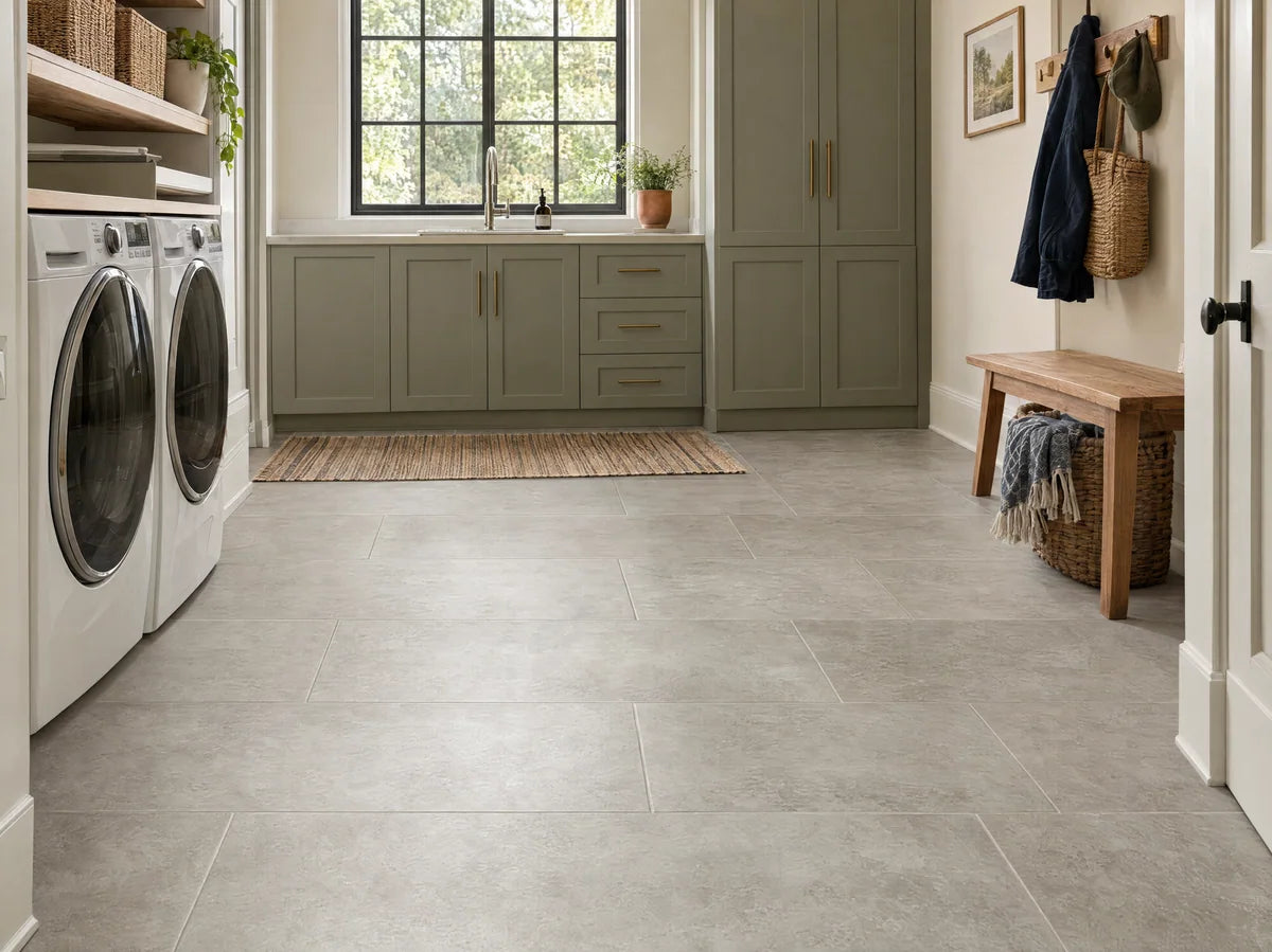 Large rectangular soft gray stone-look luxury vinyl tiles in a light utility room, tight seams without thick grout, subtle matte finish, surface dominates.