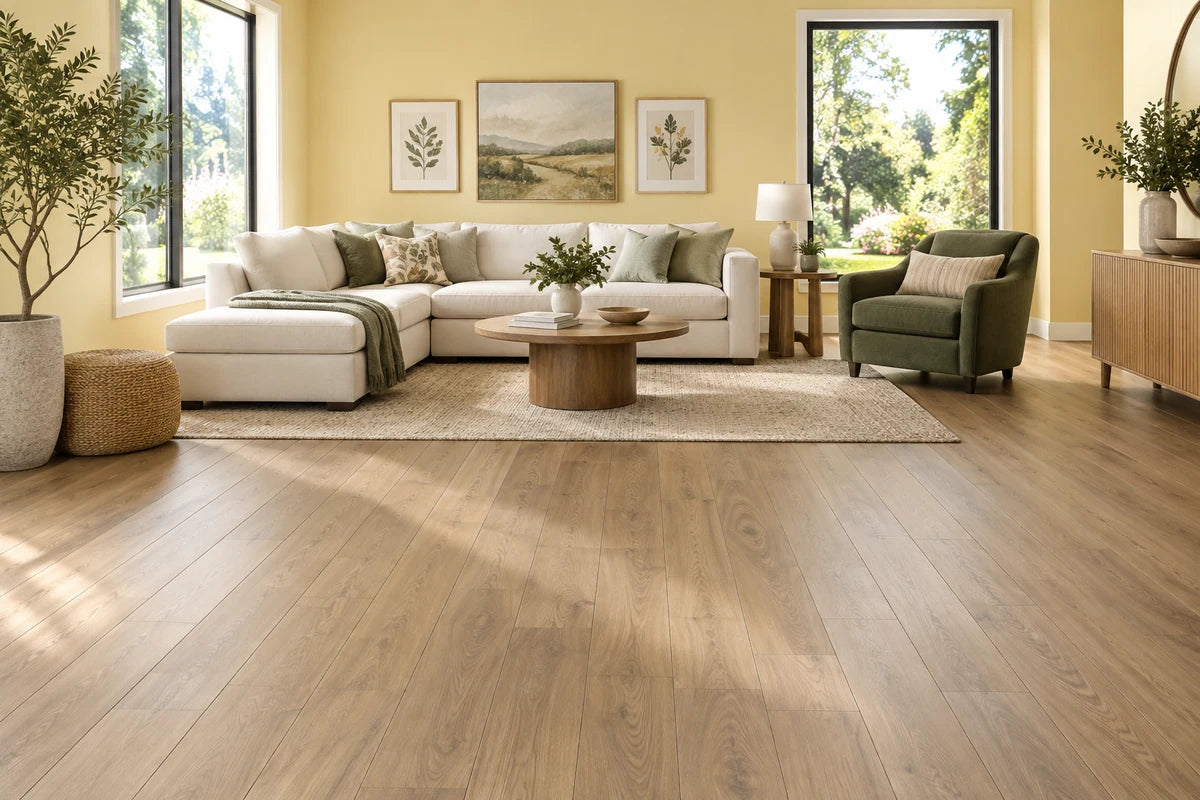 Natural oak-look vinyl flooring in a bright living room with a cream sectional and green chair.