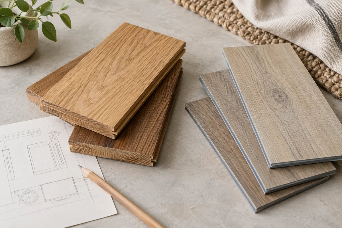 Hardwood and rigid vinyl samples arranged side by side with a room sketch.