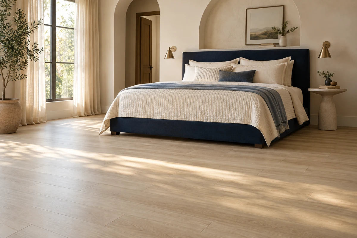 Pale beige vinyl flooring in a bedroom with a navy upholstered bed.