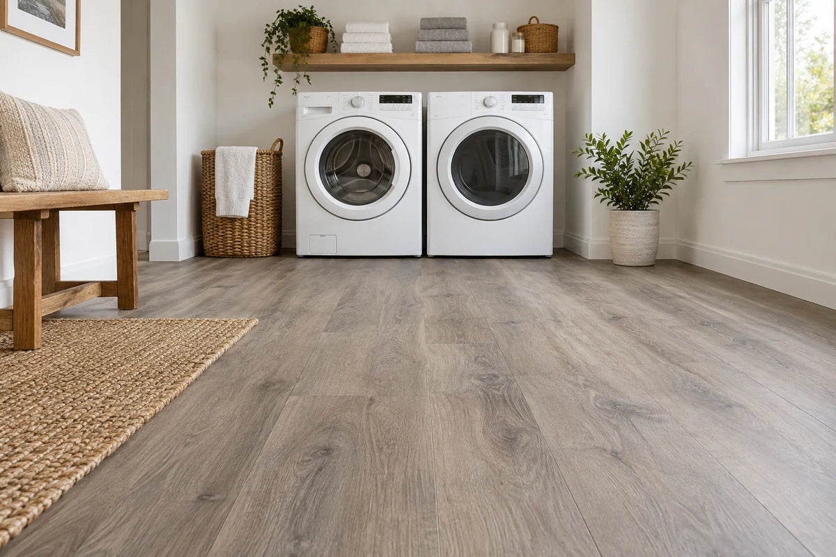 Driftwood-gray vinyl flooring in a laundry room with a washer and dryer.