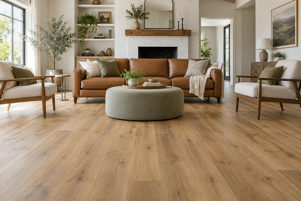 Honey-oak vinyl flooring in a living room with a leather sofa and green ottoman.