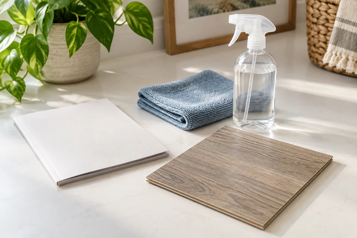 A floor-care booklet, microfiber cloth, spray bottle and vinyl sample.