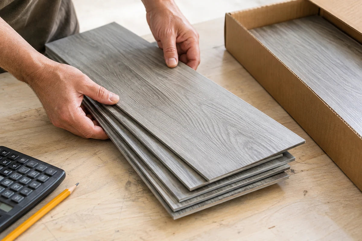 Hands counting gray-oak vinyl planks beside an open flooring carton.