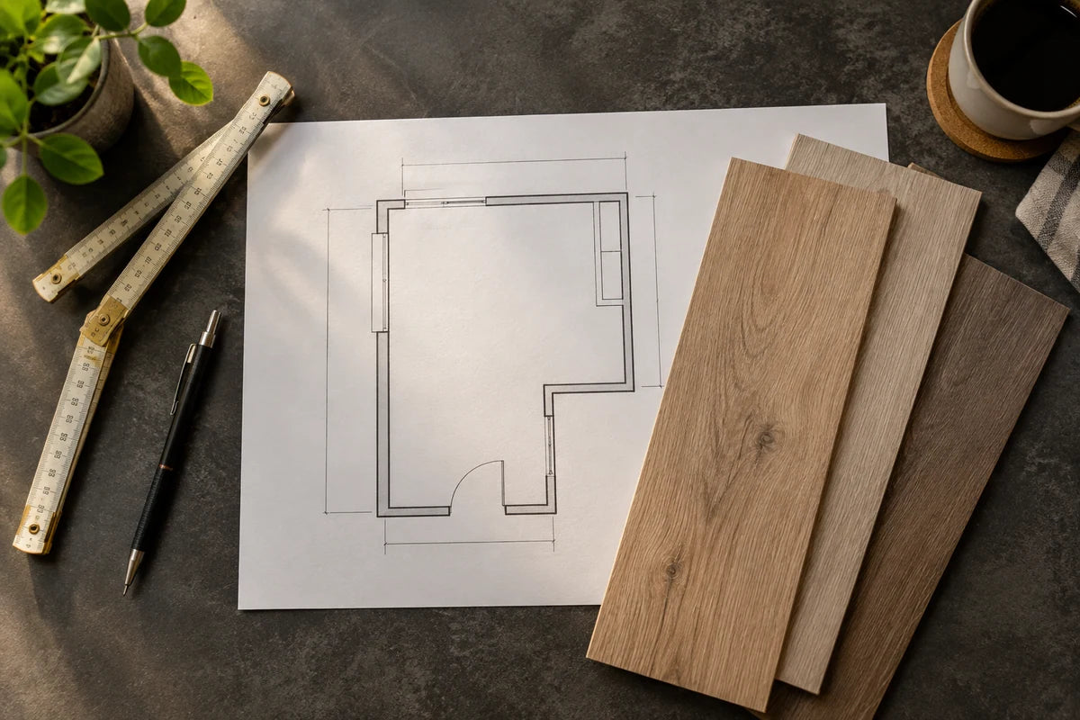 A room plan, folding ruler and vinyl samples on a dark worktable.