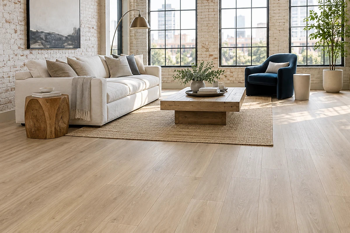 Pale oak-look vinyl flooring in a white-brick loft with a blue armchair.