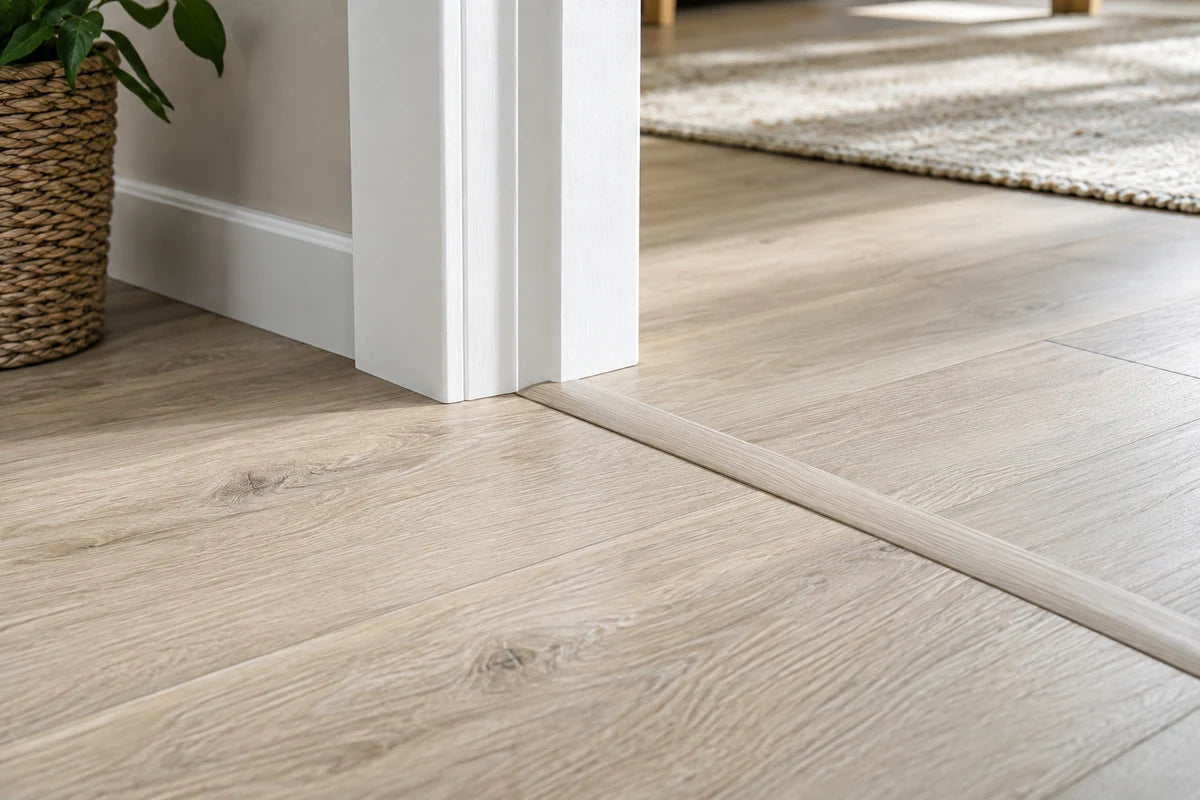 Matching oak-look transition molding at a vinyl-floor doorway.