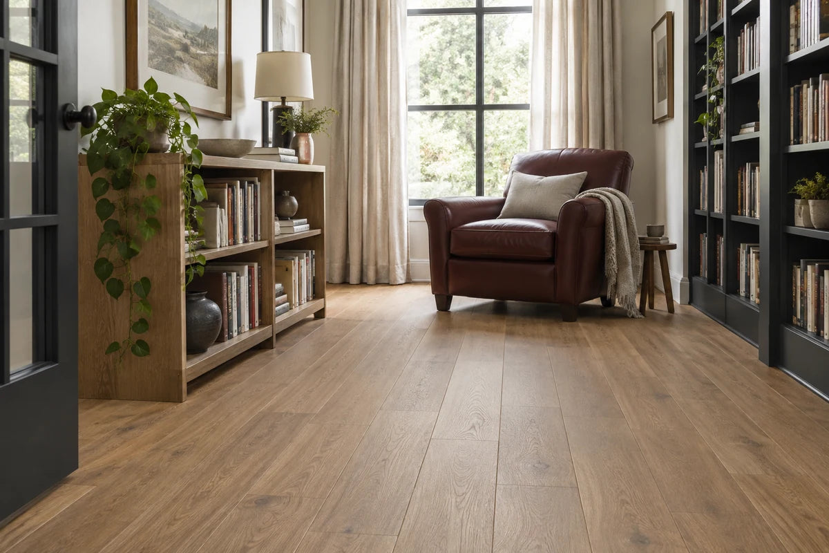 Oak-look vinyl planks in a home library with a burgundy reading chair.